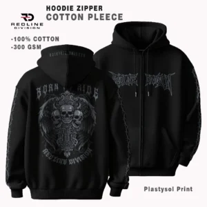 Hoodie Zipper Biker REDLINE DIVISION – Fleece Tebal, Desain Skull Silver Exclusive