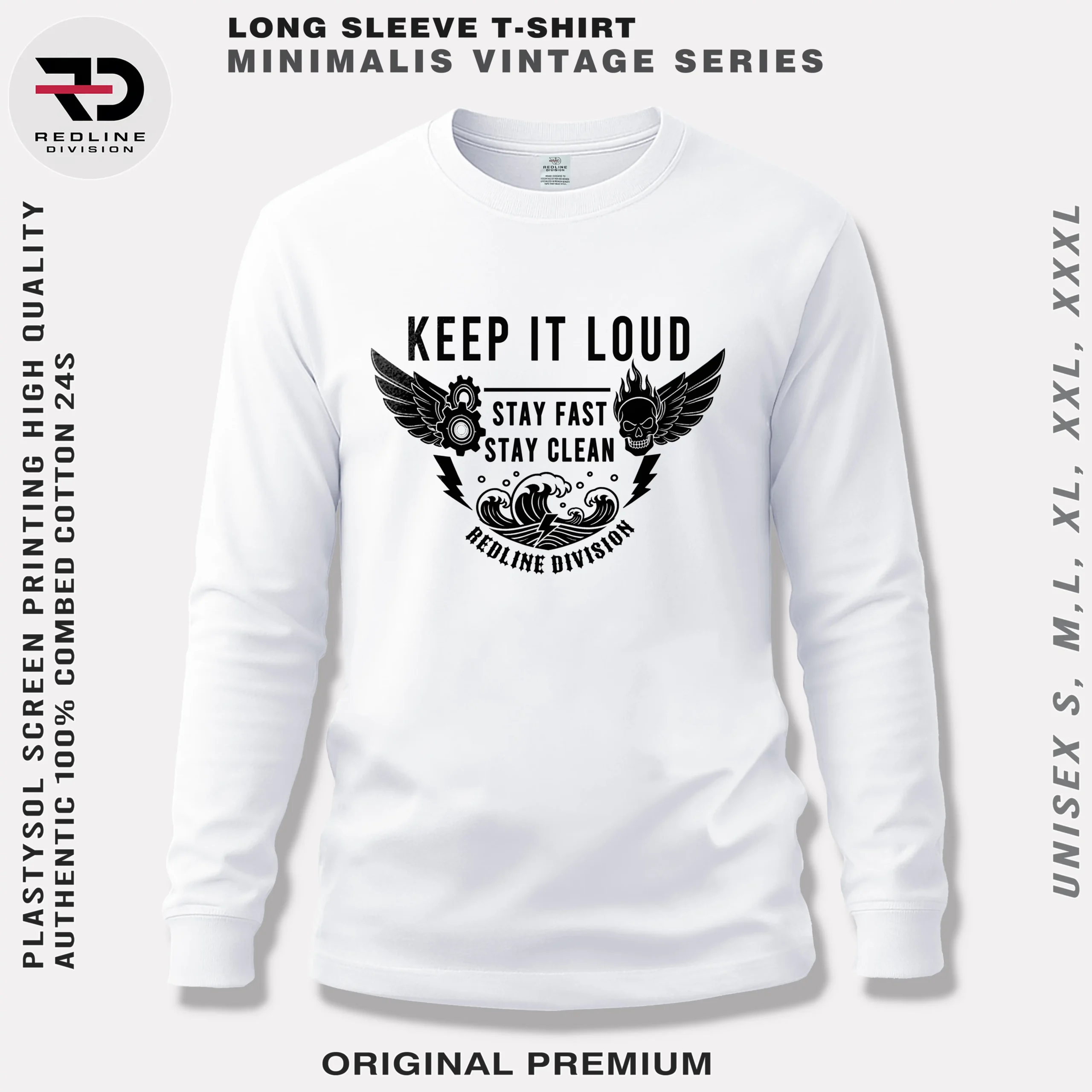 Kaos Lengan Panjang Premium Distro REDLINE DIVISION bertema KEEP IT LOUD Katun Combed 24s