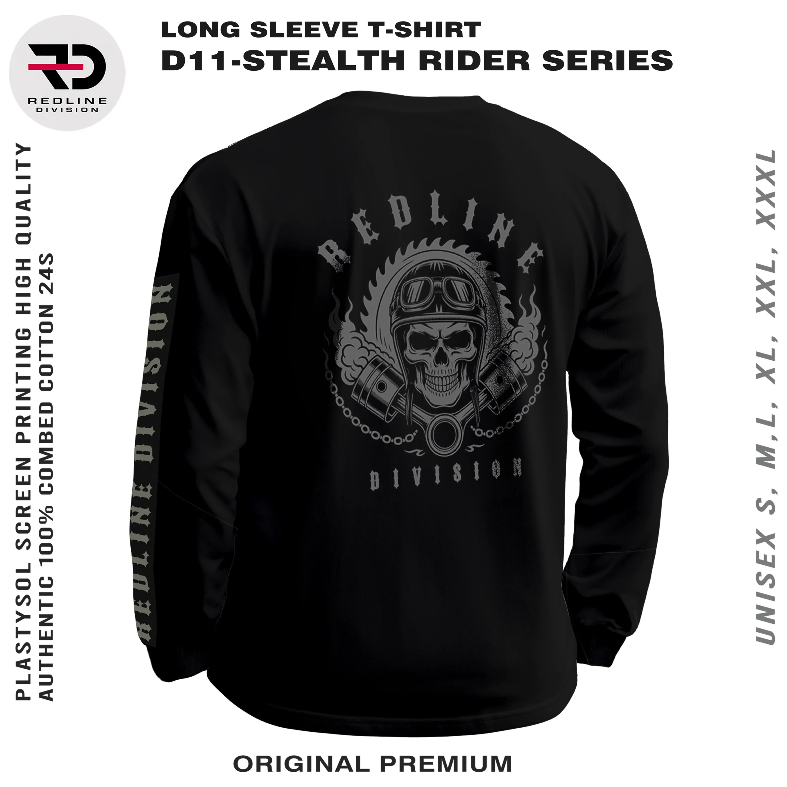 Kaos Pria Long Sleeve Distro REDLINE DIVISION Stealth Rider Skull Premium Combed 24s - Gambar 3
