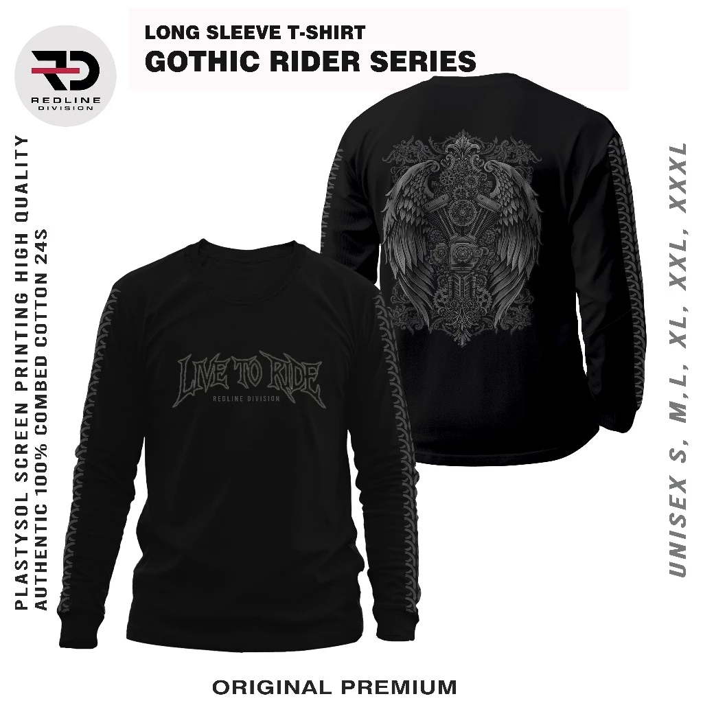 Kaos Lengan Panjang Hitam REDLINE CLOTHES-D16 Desain gothic Rider Premium Katun Kombet 24s