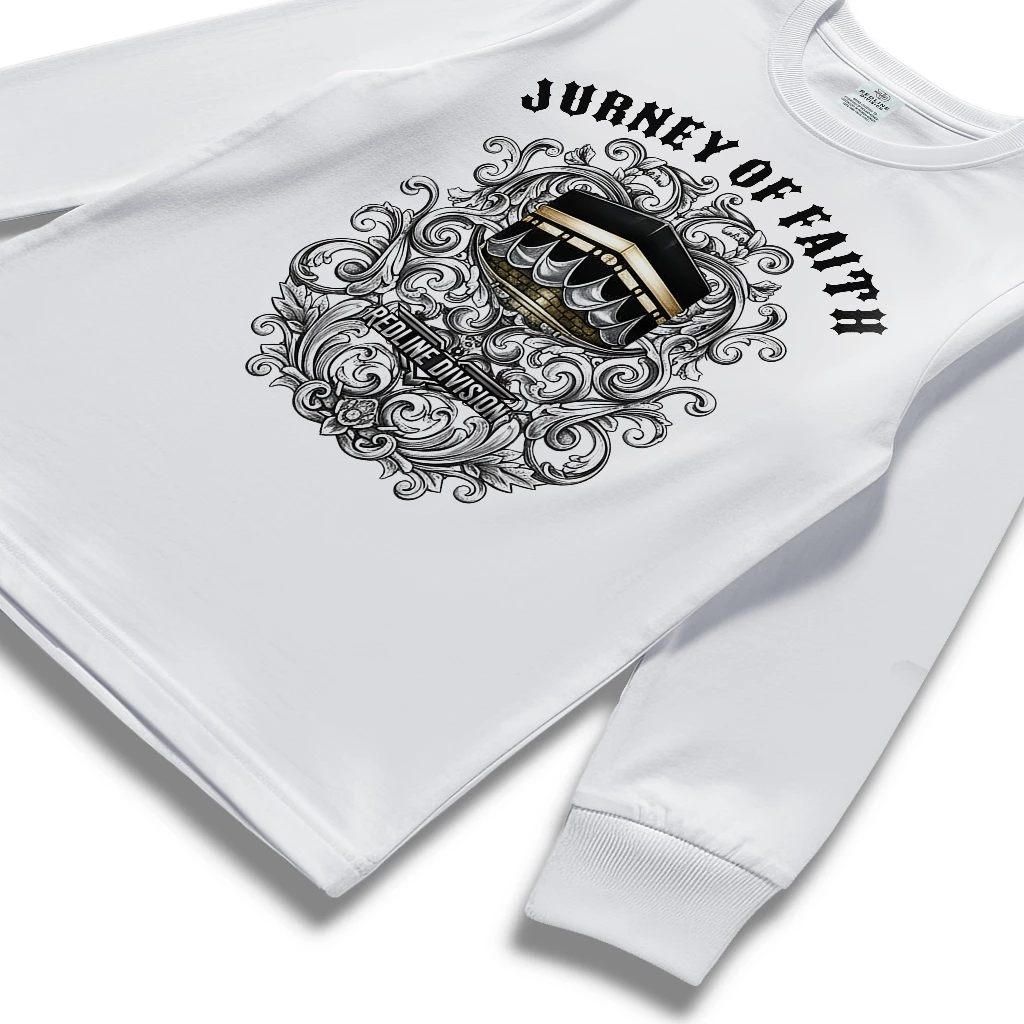 Kaos Lengan Panjang Pria Putih REDLINE DIVISION Journey of Faith Series Katun Premium - Gambar 4